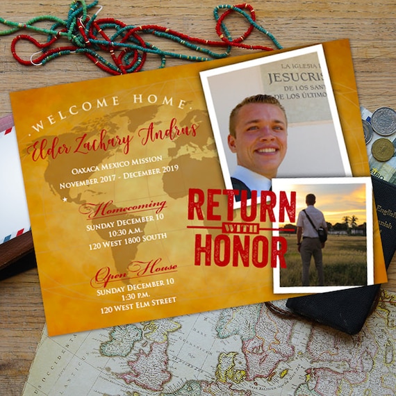 missionary invitation, missionary homecoming invitation, returned missionary invitation, return with honor, Church of Jesus Christ, IN681