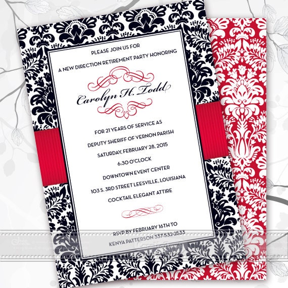retirement party invitations, retirement package, wedding invitations, bridal shower invitations, crimson wedding invitations, IN402
