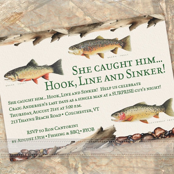 bachelor party, surprise bachelor party, bridal shower invitations, fly fishing bridal shower, outdoor wedding, fly fishing birthday, IN617