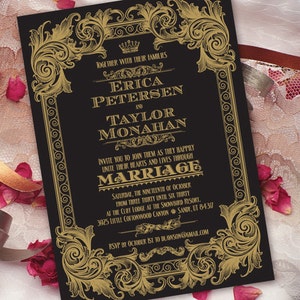 May include: Black and gold wedding invitation with ornate floral designs. The invitation announces the marriage of Erica Petersen and Taylor Monahan on Saturday, October 19th, from 3:30 to 6:30 PM at the Cliff Lodge at the Snowbird Resort in Sandy, Utah. RSVP by October 1st to dlawson@gmail.com.