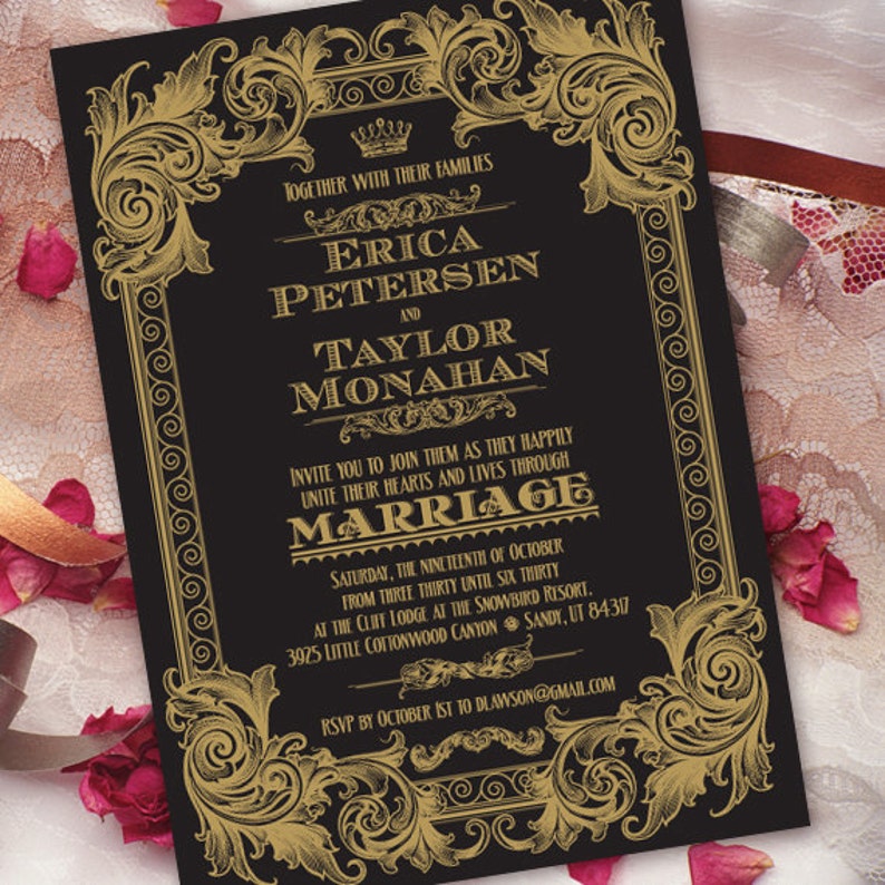 May include: Black and gold wedding invitation with ornate floral designs. The invitation announces the marriage of Erica Petersen and Taylor Monahan on Saturday, October 19th, from 3:30 to 6:30 PM at the Cliff Lodge at the Snowbird Resort in Sandy, Utah. RSVP by October 1st to dlawson@gmail.com.