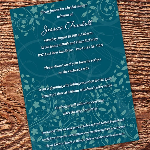 bridal shower invitation, teal bridal shower invitations, wedding invitations, teal wedding shower invitations, recipe cards