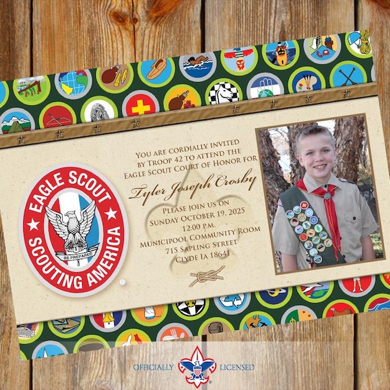 Eagle Scout court of honor invitation, double sided invitation, Merit Badge, BSA1301