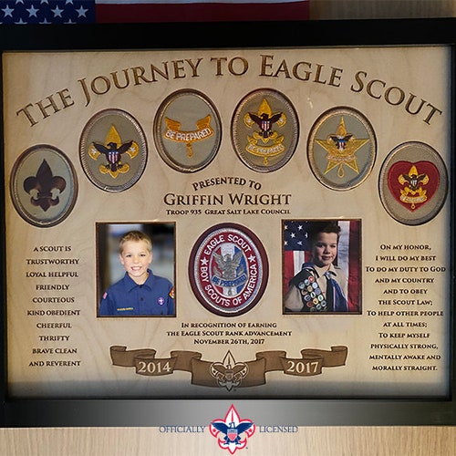 Plaque Journey to Eagle, plaque en bois 11 x 14, patchs Eagle Scout, personnalisé, Eagle Scout, cour d'honneur, BSA1405