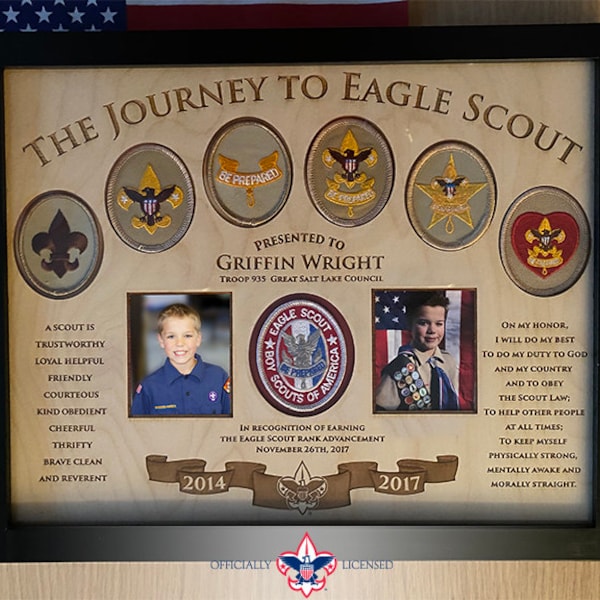 Plaque Journey to Eagle, plaque en bois 11 x 14, patchs Eagle Scout, personnalisé, Eagle Scout, cour d'honneur, BSA1405