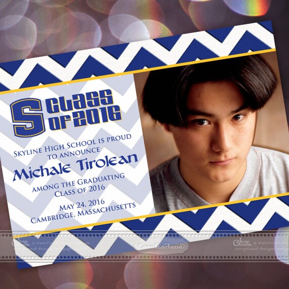 graduation invitations, cobalt high school graduation invitations, chevron graduation announcements, blue and gold grad, grad party, IN455