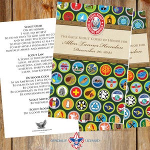 Puede incluir: Certificados de la Corte de Honor de los Eagle Scouts con fondo verde y varios iconos de insignias. Los certificados incluyen el texto "The Eagle Scout Court of Honor for Allen Tanner Herndon December 20, 2025". Tambi&eacute;n se incluye el Juramento y la Ley Scout.