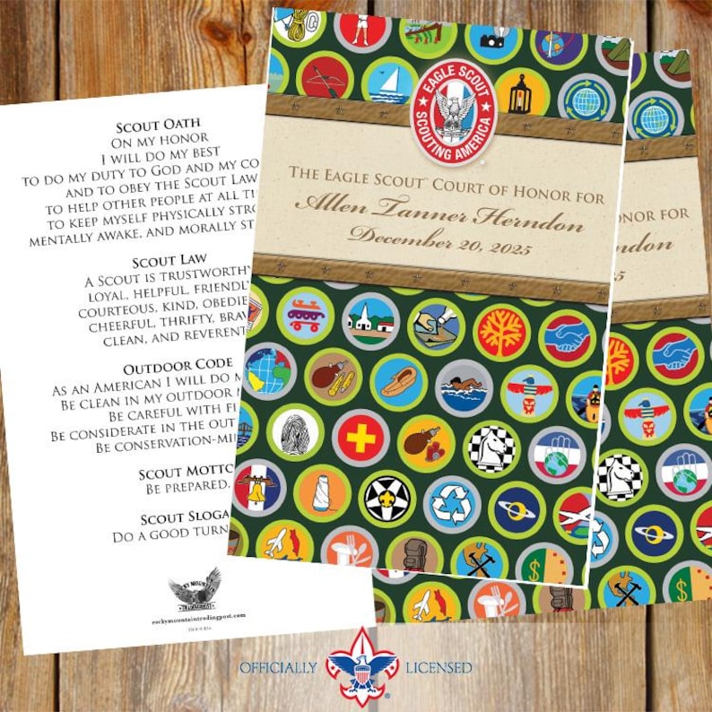 Puede incluir: Certificados de la Corte de Honor de los Eagle Scouts con fondo verde y varios iconos de insignias. Los certificados incluyen el texto "The Eagle Scout Court of Honor for Allen Tanner Herndon December 20, 2025". Tambi&eacute;n se incluye el Juramento y la Ley Scout.