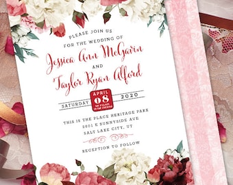 wedding invitations, marsala wedding invitations, rose invitations, blush rose wedding invitations, burgundy blush floral invitations, IN702