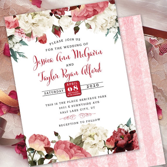wedding invitations, marsala wedding invitations, rose invitations, blush rose wedding invitations, burgundy blush floral invitations, IN702