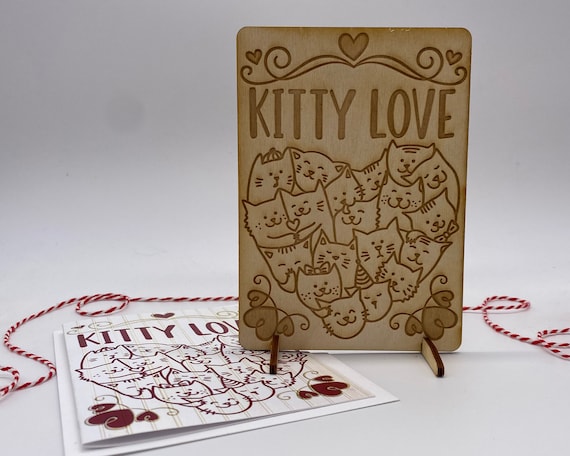 wood card, laser engraved card, Valentines Day card, I love you, must love cats, cat lover, kitty love, Happy Valentines, BLP2206