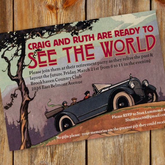 retirement party, vintage retirement party invitation, postcard retirement party, see the world retirement, vintage retirement, IN333