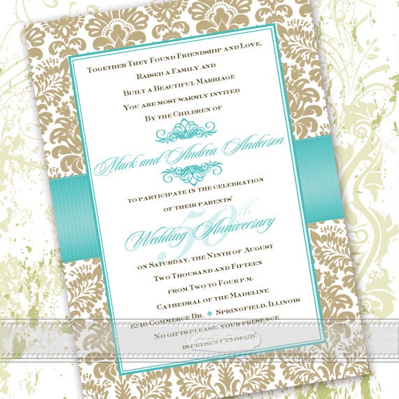 50th anniversary invitations, 50th anniversary party invitations, golden anniversary invitations, turquoise wedding invitations, IN363