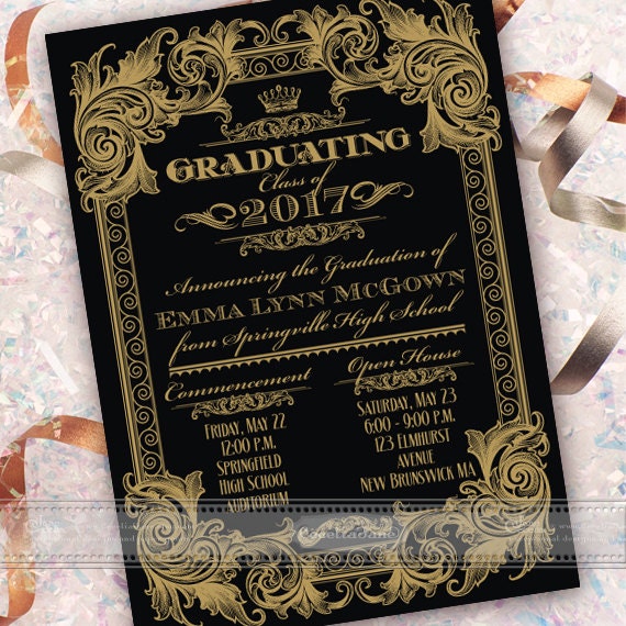 graduation announcement, graduation invitation, black and gold graduation, formal graduation announcement, grad party, IN547