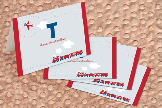 thank you cards, baby shower thank you cards, personalized baby thank you cards, planes and trains notecards, 1st birthday thank you cards