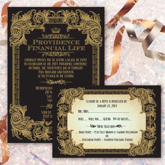 company retreat wedding, black and gold company retreat invitations, gold and black formal invitations, company package, IN225