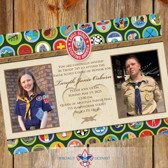 Eagle Scout court of honor invitation, single sided invitation, Merit Badge, BSA1301