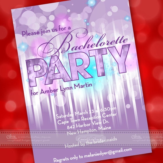 bachelorette party ideas, bachelorette party invitations, purple bachelorette party, bubbles and bridesmaids, bridal shower ideas, IN362