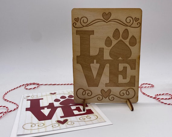 wood card, laser engraved card, Valentines Day card, I love you, puppy love, kitty love, Happy Valentines, BLP2204