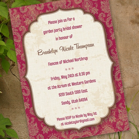 wedding invitations, garden party, bridal shower invitations, cranberry damask and ivory bridal shower, red and chocolate wedding invitation