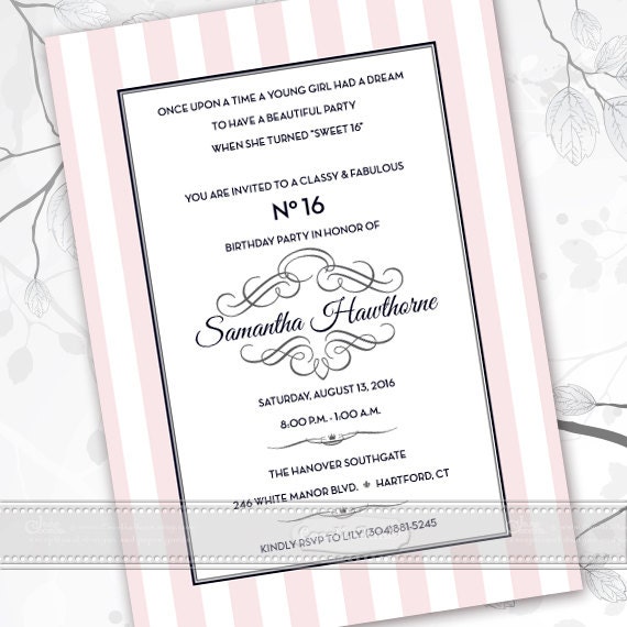 sweet 16 party invitations, rose quartz bridal shower invitations, baby shower invitations, pink and white birthday invitations, IN493