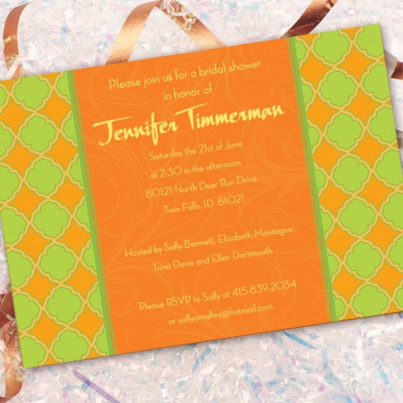 bridal shower invitations, tangerine bridal shower invitations, lime bridal shower invitations, bachelorette party invitations, IN187