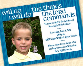 baptism invitation, blue baptism announcement, LDS baptism invitation, blue and white graduation, religious graduation, go and do