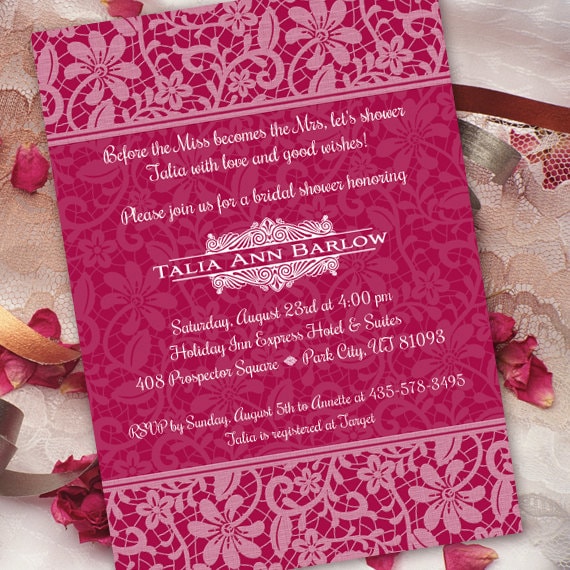 bridal shower invitations, hot pink bridal shower invitations, fuchsia bridal shower invitations, hot pink birthday party invitation IN217.2