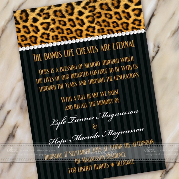 celebration of life invitations, cheetah celebration of life invitations, cheetah wedding invitations, cheetah retirement invitations, IN445