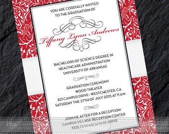 May include: Red and white damask patterned graduation invitation for Tiffany Lynn Andrews. The invitation includes details about the graduation ceremony and reception. The ceremony will be held at Wood Theater, 821 Campus Drive, Westchester, CA on Saturday, July 27, 2015 at 11 AM. The reception will be held at Campus Village Reception Center, 3105 Research Park Drive.
