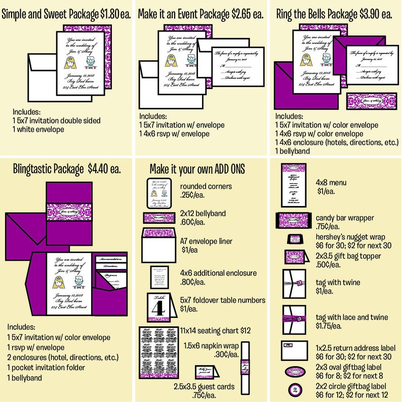 May include: A purple and white wedding invitation package with different options for add-ons. The packages include invitations, RSVP cards, envelopes, bellybands, and menu cards. The add-ons include rounded corners, bellybands, envelope liners, additional enclosures, table numbers, seating charts, napkin wraps, guest cards, candy bar wrappers, Hershey's nugget wraps, gift bag toppers, tags with twine, tags with lace and twine, and return address labels.