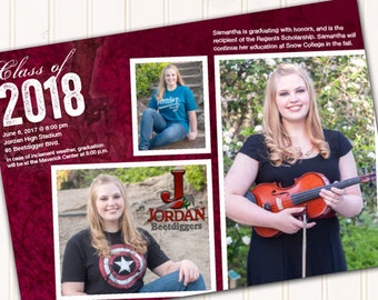 May include: A graduation announcement for the Class of 2018 from Jordan High School. The announcement features a red and white color scheme with a photo of a graduate in a cap and gown. The text includes the date and time of the graduation ceremony, as well as the location.