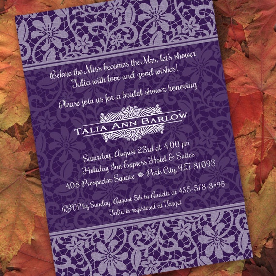 bridal shower invitations, wedding shower invitations, retirement party invitations, royal purple bridal shower invitations, IN217.4