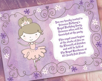 birthday party invitations, 1st birthday party invitations, lavender ballerina invitations, princess party invitations, purplicious party