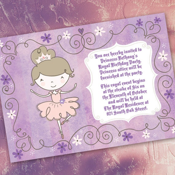 birthday party invitations, 1st birthday party invitations, lavender ballerina invitations, princess party invitations, purplicious party