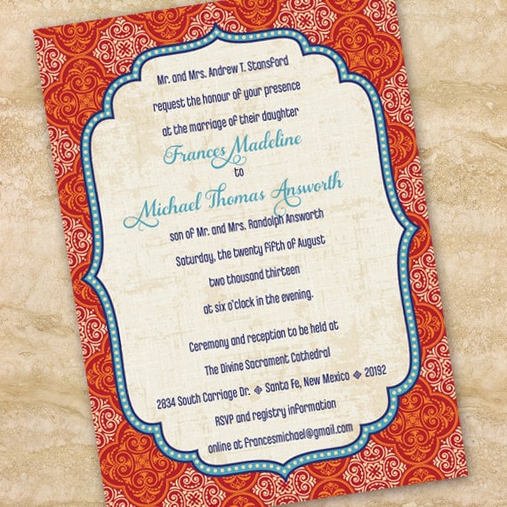 wedding invitations, Moroccan wedding invitations, indigo and rust bridal shower invitations, graduation invitations, wedding package, IN208