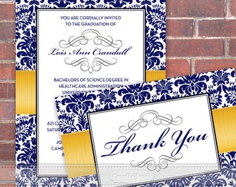 May include: A navy blue and white damask patterned graduation invitation with gold ribbon accents. The invitation reads "You are cordially invited to the graduation of Lois Ann Crandall. Bachelors of Science Degree in Healthcare Administration."