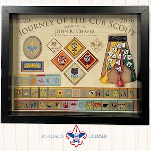 May include: A framed Cub Scout achievement display. The wooden background features patches and awards, including badges for Lion, Tiger, Bear, and Wolf. The frame includes the text "Journey of the Cub Scout" and "Presented to John R. Chavez."