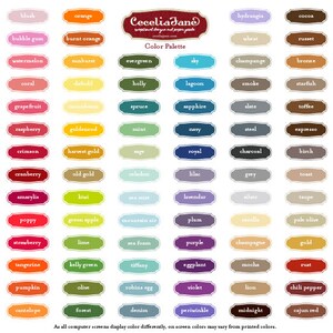 May include: A color palette chart with 60 different color swatches, each labeled with a name. The chart is titled "Color Palette" and is from the company Cecelia Jane.