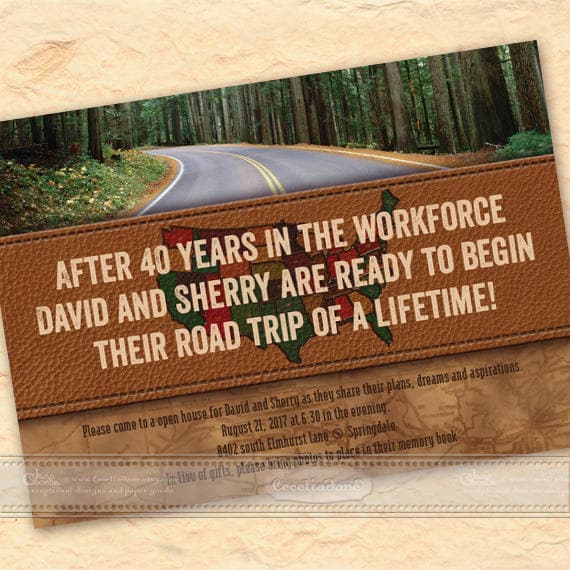 retirement party invitations, retirement party, road trip, road tripping, see the world, travel, retirement announcement, IN589
