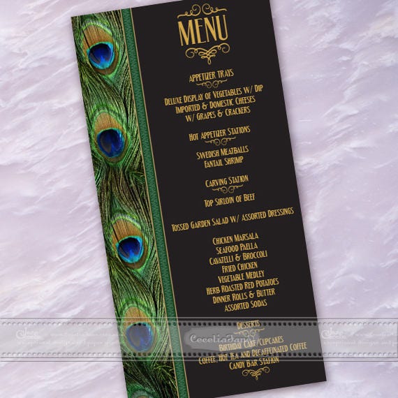 rehearsal dinner menu, retirement party menu, birthday party menu, peacock menu, 50th birthday party menu, wedding luncheon menu, IN605