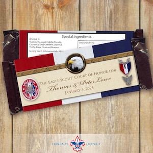 May include: A patriotic-themed Eagle Scout Court of Honor certificate. The design features red, white, and blue stripes, an eagle emblem, and the text "The Eagle Scout Court of Honor for Thomas & Peter Lowe, January 4, 2025."