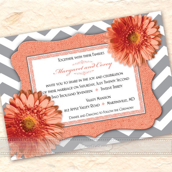 wedding invitations, coral wedding invitations, chevron wedding invitations, coral bridal shower invitations, wedding package, IN539