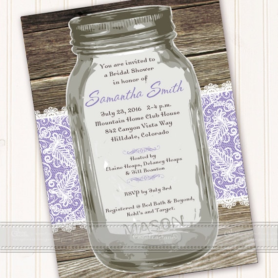 bridal shower invitations, mason jar bridal shower invitations, lavender bridal shower invitations, bridal shower package, IN492