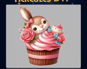 Cute Bunny Cupcake Ready to Press,Easter Rabbit Dessert DTF Transfer Design,Kids Shirt Iron On Press,Birthday Girl Heat Transfer Print