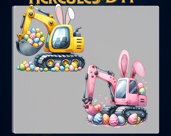 Easter Excavator Bunny DTF Transfer,Colorful Construction Truck Egg Hunt DTF Design,Toddler Kids Easter Shirt Easter Outfit Ready to Press