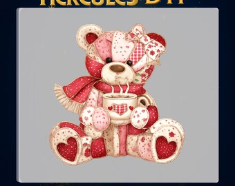 Cute Patchwork Teddy Bear Print on Demand,Girly Tea Friends Bear Shirt DTF Press,Retro Patchwork Bear Shirt Design for Gift,Teddy Bear Press