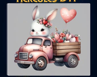Cute Easter Bunny Truck DTF Transfer,Vintage Balloon Bunny Car DTF Print Design,Spring Floral Rabbit Ready to Press Kids Easter DTF for Tee