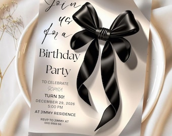 Black Bow Birthday Invitation Template: Elegant Party Invite (Digital Download)