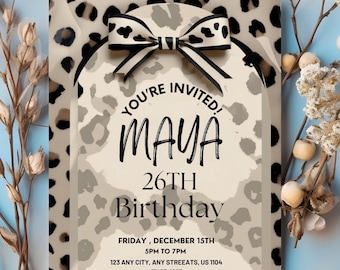 Cheetah Print Birthday Invitation, Black Bow, Canva Template (PDF Download)